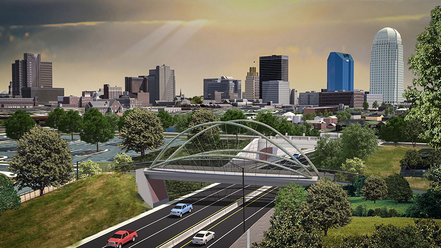 Business 40 rendering showing bridge with Winston-Salem's skyline in the background