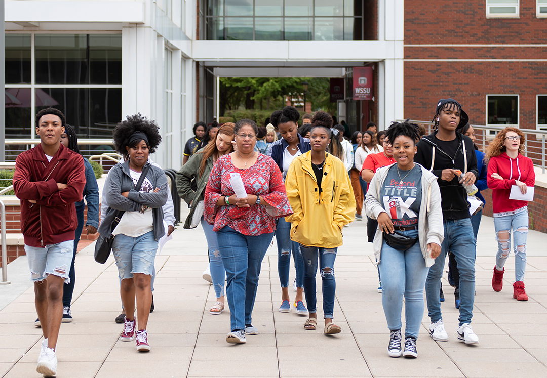 high school students in breezeway