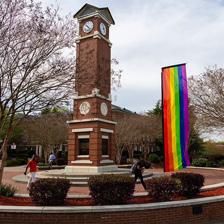 Rainbow Banner Next to Clocktower