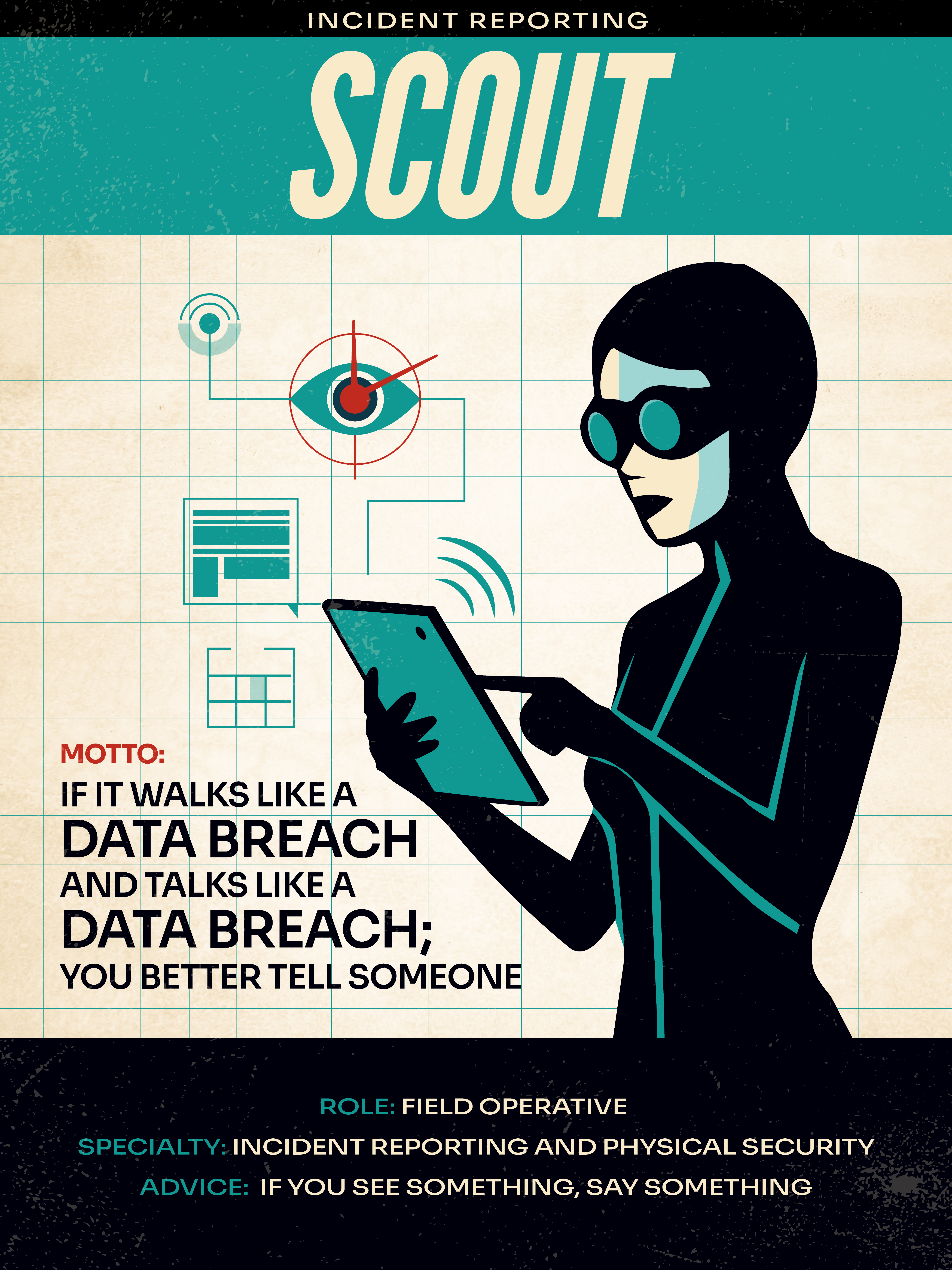 Retro-style cybersecurity poster titled “SCOUT” about incident reporting. A masked field operative uses a tablet beside icons representing monitoring, data, and alerts. The motto says, “If it walks like a data breach and talks like a data breach, you better tell someone,” reinforcing the advice, “If you see something, say something.”