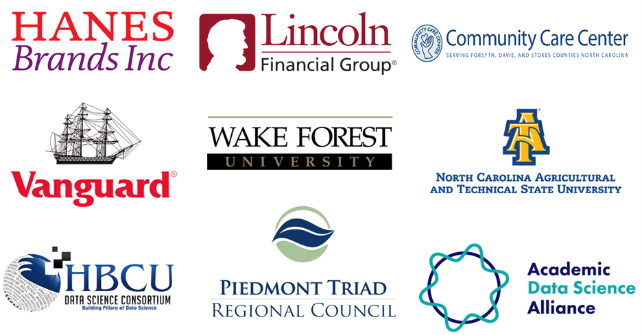 Logos of partnered companies include: Hanes Brands Inc, Lincoln Financial Group, Community Care Center, Vanguard, Wake Forest University, North Carolina Agricultural and Technical State University, HBCU Data Science Consortium, Piedmont Triad Regional Council, and Academic Data Science Alliance