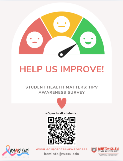 Poster with a large gauge graphic at the top showing three sections: red with a sad face, yellow with a neutral face, and green with a smiling face. The gauge needle points toward the green smiling section. Below the graphic, large red text reads: “HELP US IMPROVE!”  Centered below in gray uppercase text: “STUDENT HEALTH MATTERS: HPV AWARENESS SURVEY”  A red heart icon appears underneath.  Text above the QR code reads: “✓Open to all students”  A QR code is centered below.  At the bottom left is the Rams Know Cancer logo with a pink and blue ribbon and the text: “RAMS KNC CANCER” and smaller text: “CANCER AWARENESS CAMPUS.”  Centered near the bottom in red text: “wssu.edu/cancer-awareness”  Below that in gray text: “hcminfo@wssu.edu ”  At the bottom right is the Winston-Salem State University logo with text: “WINSTON-SALEM STATE UNIVERSITY” and smaller text: “Healthcare Management.” This image is a hyperlink that links to an HPV survey form.