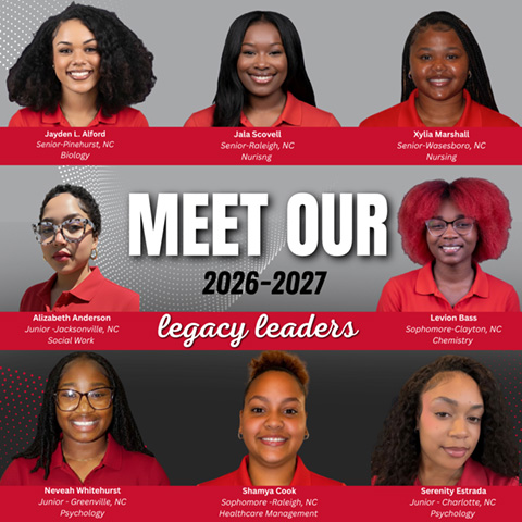 Image of student legacy leader profile images.  Text of the picture says "Meet Our 2026 - 2027 Legacy Leaders: Jayden Alford, Jala Scovell, Kylia Marshall, Alizabeth Anderson, Levion Bass, Neveah Whitehurst, Shamya Cook, Serenity Estrada". 