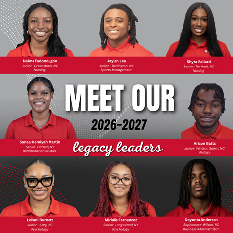 Image of student legacy leader profile images.  Text of the picture says "Meet Our 2026 - 2027 Legacy Leaders: Naima Fadonougbo, Jaylen Lea, Shyra Ballard, Sanaa-Demiyah Martin, Ariaon Batts, Leilani Burnett, Mirialis Fernandez, Deyonta Anderson".