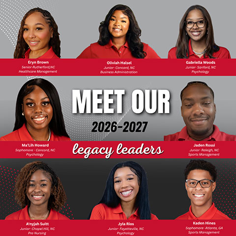 Image of student legacy leader profile images.  Text of the picture says "Meet Our 2026 - 2027 Legacy Leaders: Eryn Brown, Davainn Halsel, Gabriella Woods, Ma'Lih Howard, Jaden Rossi, A'nyja Suitt, Jyla Rios, Kaden Hines".