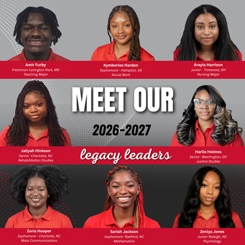 Image of student legacy leader profile images.  Text of the picture says "Meet Our 2026 - 2027 Legacy Leaders: Amir Furby, Kymberlee Harden, Arayia Harrison, Jaliyah Hinkson, Harlie Holmes, Zoria Hooper, Sariah Jackson, Zeniya Jones".