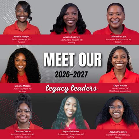 Image of student legacy leader profile images.  Text of the picture says "Meet Our 2026 - 2027 Legacy Leaders: Amena Joseph, Amaris Kearney, Jabreaha Kyle, Simone McNeil, Kayla Nobles, Chelsea Osorio, Keyonah Parker, Alayna Pinckney".