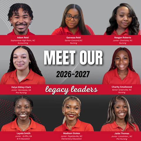 Image of student legacy leader profile images.  Text of the picture says "Meet Our 2026 - 2027 Legacy Leaders: Adam Reid, Ganessa Reid, Reagan Roberts, Kaiya Sibley-Clark, Charity Smallwood, Kayala Smith, Madison Stokes, Jaida Thomas".